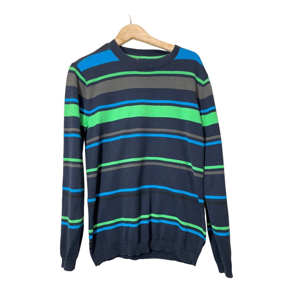 Oakley Mens Sweater Striped Medium Slim Fit Lightweight Crewneck Blue Green
